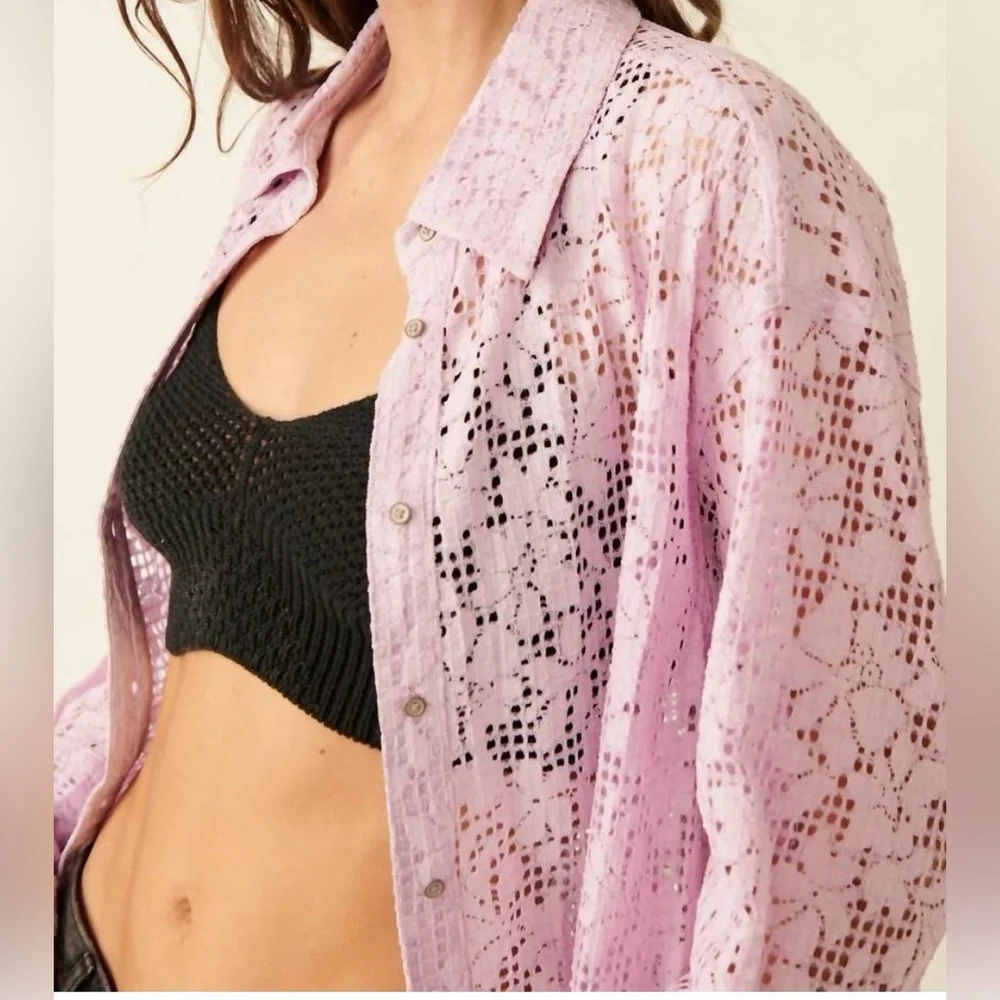 FREE PEOPLE in your dreams lace button down lavender XL oversized lace bohemian